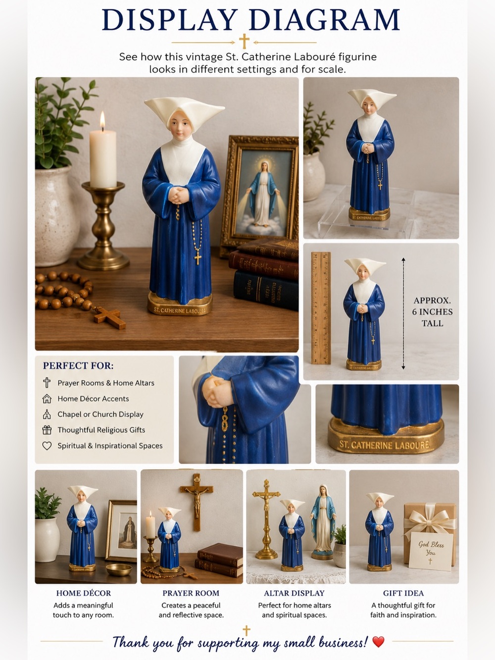 Vintage St. Catherine Labouré Catholic Figurine Statue Blue White Rosary 6”